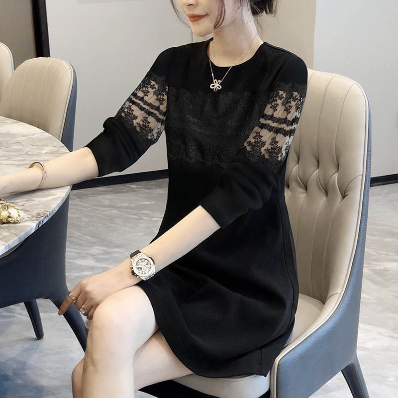 法式蕾丝小黑裙长袖气质通勤连衣裙 秋寸连衣裙