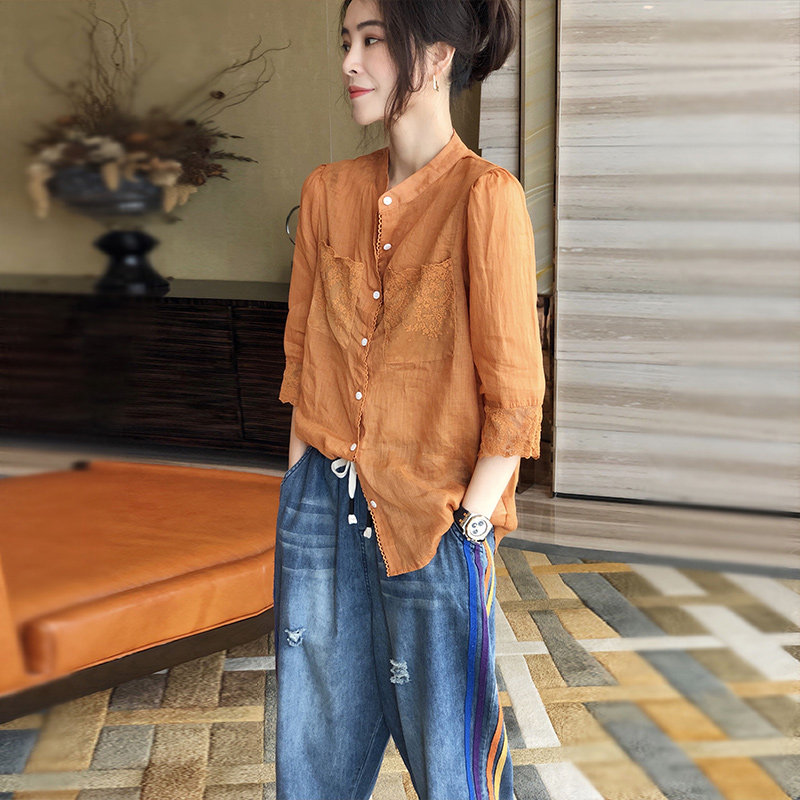 橘色蕾丝棉麻薄款七分袖设计感衬衫 秋寸衬衫