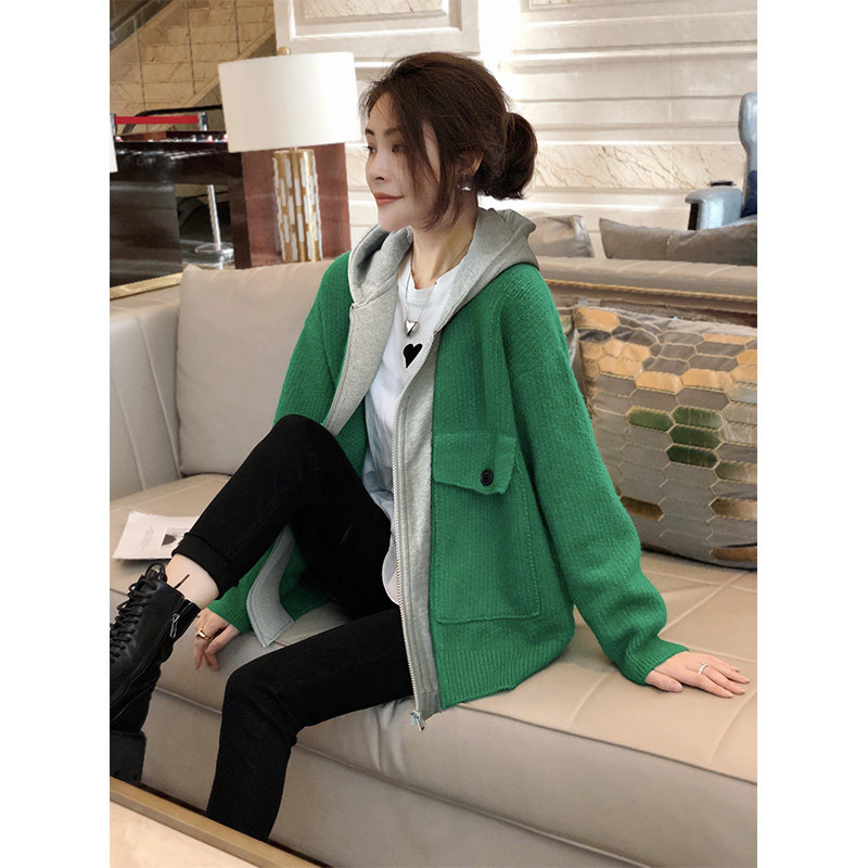 绿色假两件毛衣外套女小个子爆开衫 秋寸短外套