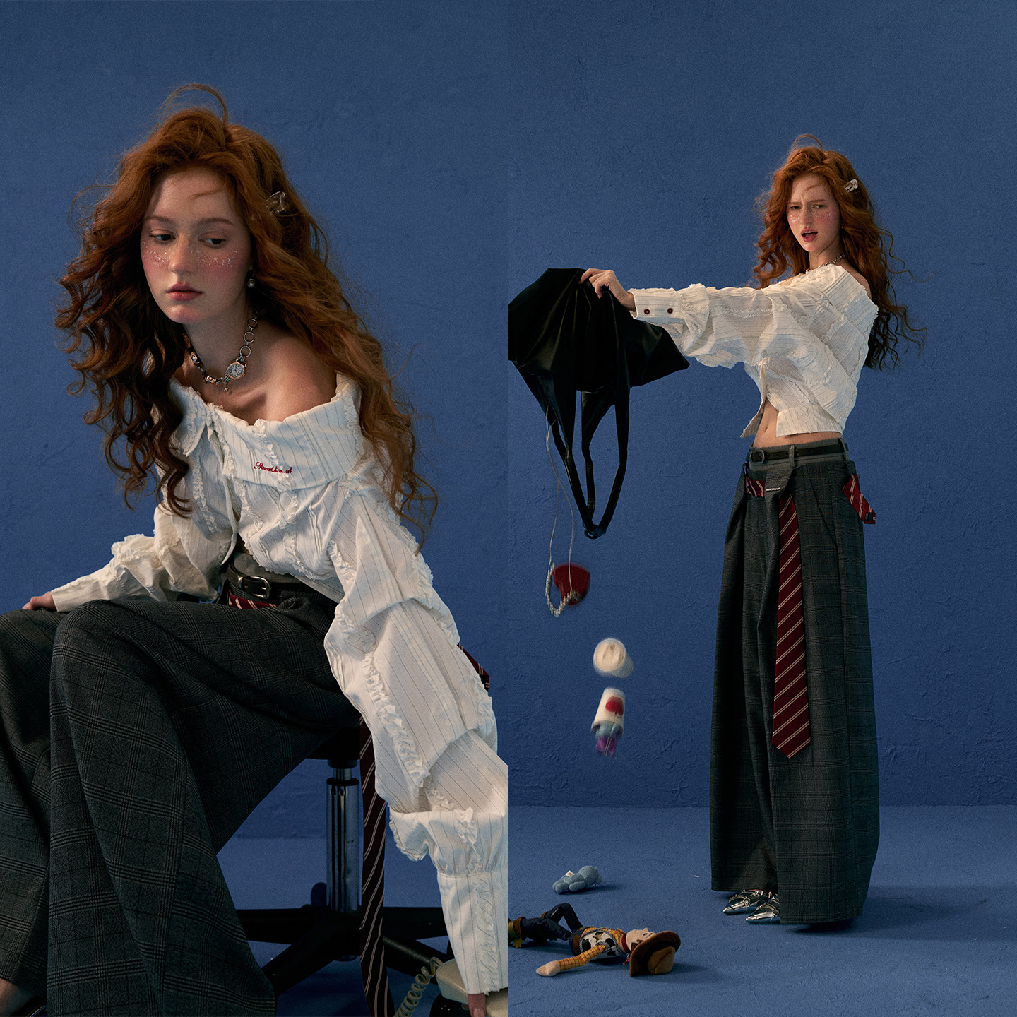 MAMC大V层次条纹白色衬衫女2025秋季新款一字肩衬衣宽松长袖上衣