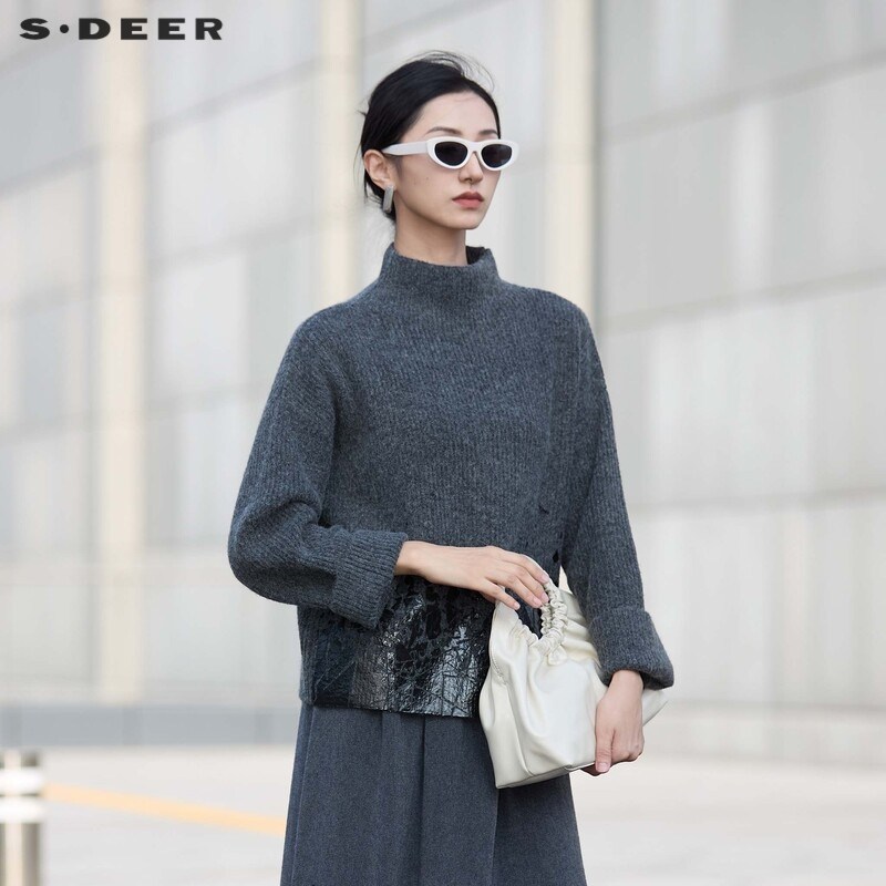 sdeer圣迪奥女装时尚半高领龟裂印花宽松针织衫S24483514,淘宝优惠券,粉丝福利购,淘宝优惠卷
