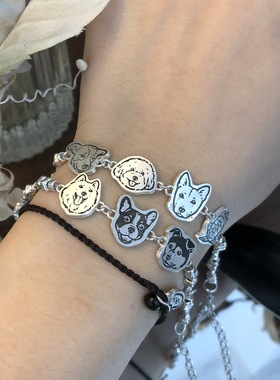 999纯银方糖碎银手链宠物人物可爱图案全身头像定制设计拼接手链