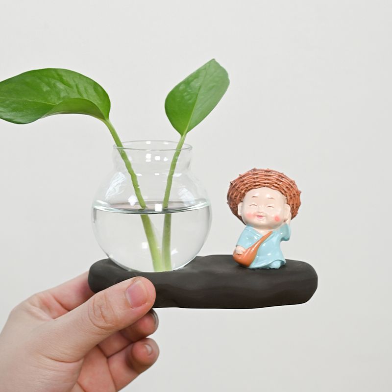 创意玻璃摆件小和尚花器家居装饰品茶桌绿萝花插花瓶陶瓷水培容器 - 图2