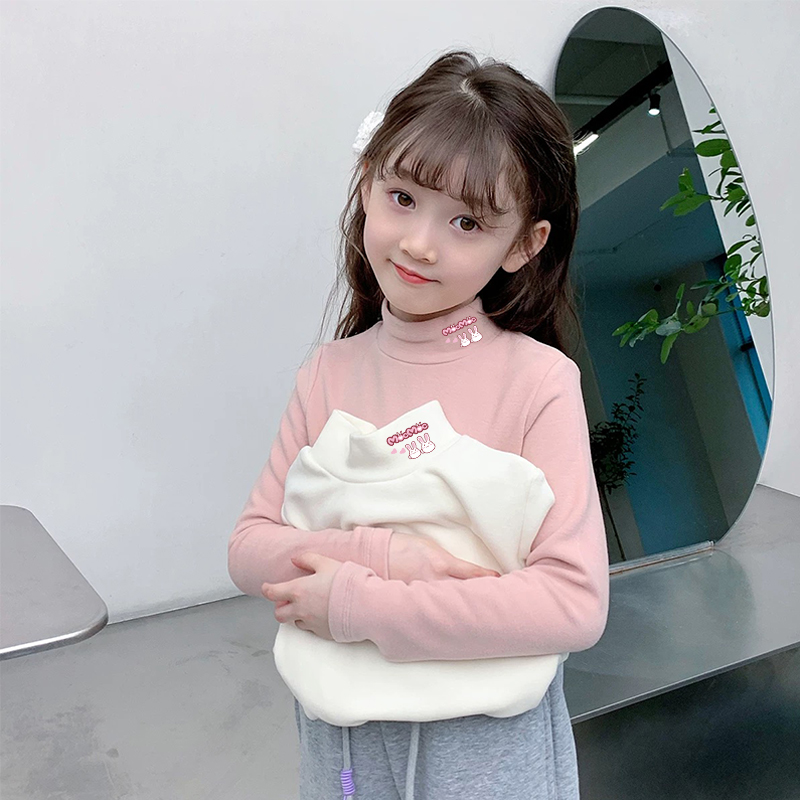 女童秋冬季加绒加厚德绒长袖T恤宝宝打底衫儿童半高领保暖上衣服 - 图0