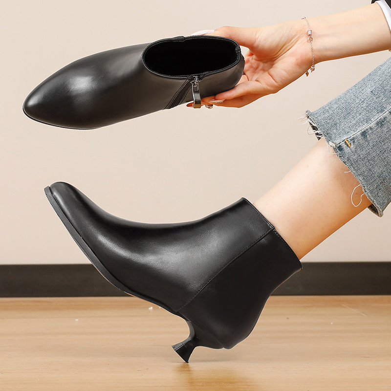 3厘米低跟黑色短靴尖头细跟秋冬高跟鞋加绒真皮猫跟裸靴工装女靴,淘宝优惠券,粉丝福利购,淘宝优惠卷