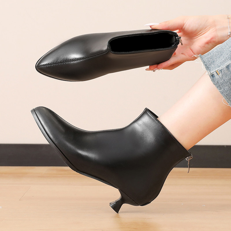 三厘米低跟细跟尖头短靴女靴加绒高跟鞋秋冬季工装鞋女黑色裸靴子,淘宝优惠券,粉丝福利购,淘宝优惠卷