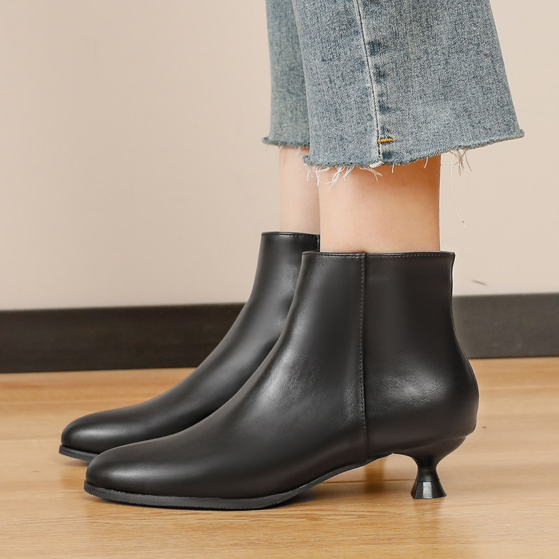 3厘米低跟黑色短靴尖头细跟秋冬高跟鞋加绒真皮猫跟裸靴工装女靴,淘宝优惠券,粉丝福利购,淘宝优惠卷