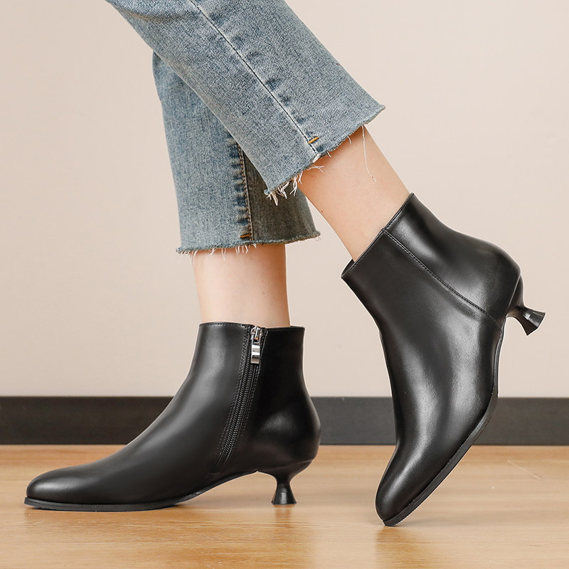 3厘米低跟黑色短靴尖头细跟秋冬高跟鞋加绒真皮猫跟裸靴工装女靴,淘宝优惠券,粉丝福利购,淘宝优惠卷