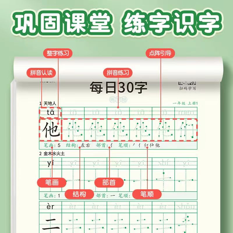 一年级同步练字帖二三四五六上下册语文小学生点阵减压30字练字帖 - 图1