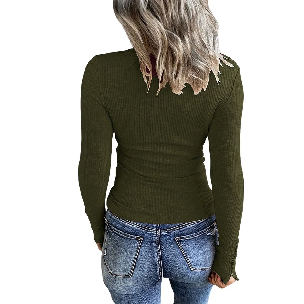 Button solid V-neck long sleeved T-shirt女纽扣纯色V领长袖T恤 - 图3