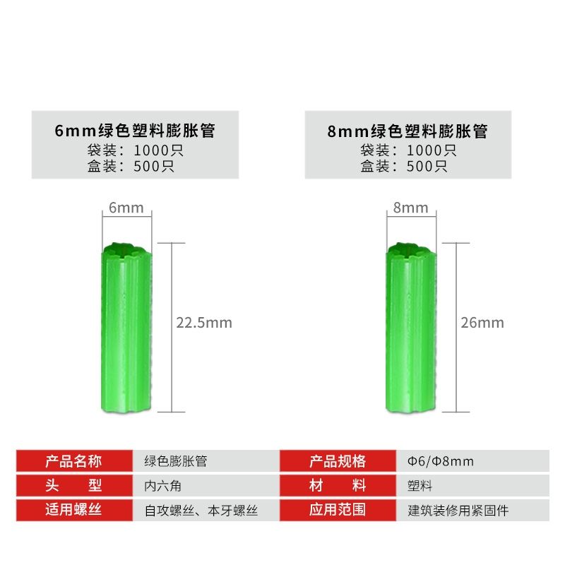 绿色塑料膨胀管6mm8厘涨塞胀塞M6M8墙塞胶栓胶粒膨胀胶塞木螺丝 - 图2