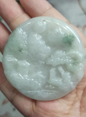 天然翡翠吊坠山水牌飘花圆牌