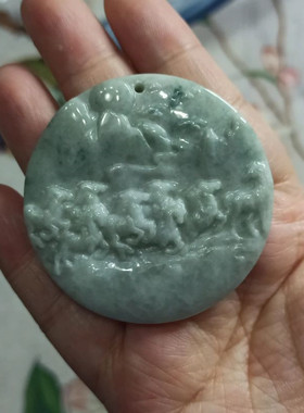 翡翠吊坠生肖马牌八骏图圆牌