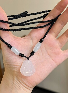 天然白玛瑙佛公项链大肚弥勒佛吊坠不掉色简约可调节编织绳锁骨链