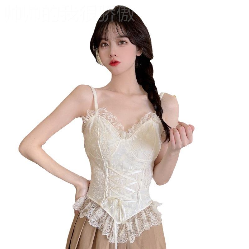 V-neck fashion halter lace top法式v领吊带纯欲抹胸蕾丝后背绑 - 图3