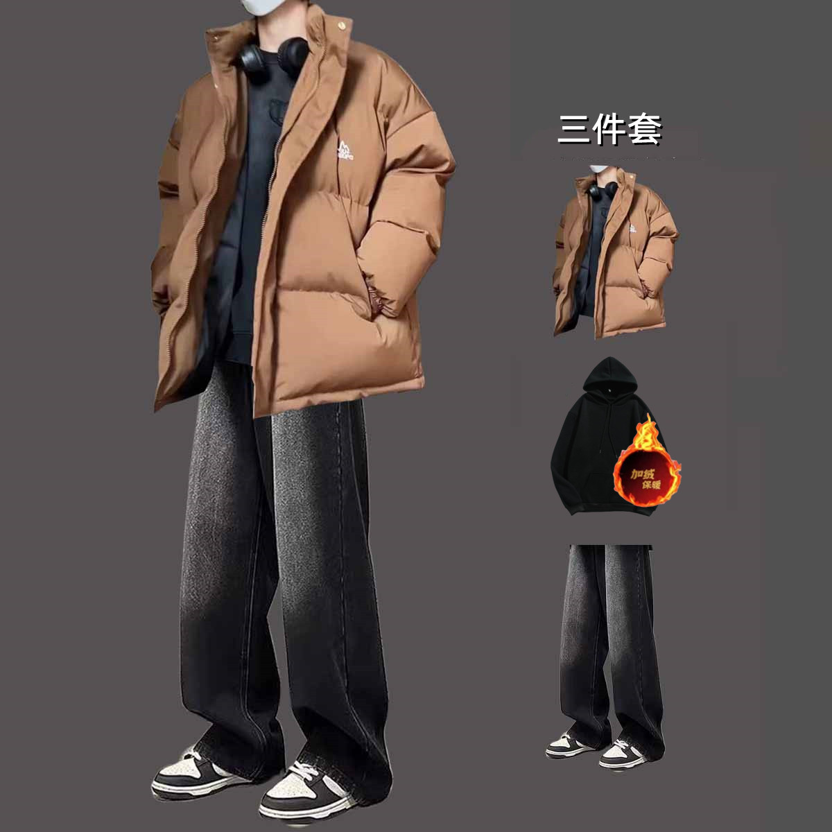 vintage日系棉服秋冬季套装男士加厚保暖立领棉衣外套休闲面包服,淘宝优惠券,粉丝福利购,淘宝优惠卷