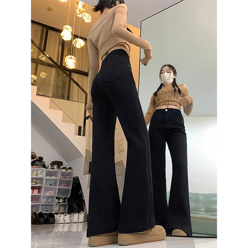 黑色微喇叭牛仔裤女2025年秋冬新款高腰显瘦弹力加绒小个子马蹄裤 - 图3