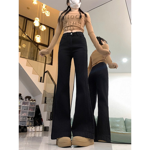 黑色微喇叭牛仔裤女2025年秋冬新款高腰显瘦弹力加绒小个子马蹄裤 - 图2