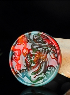 鸡血玉龙牌吊坠男女款和田玉生肖龙挂件金丝玉彩玉龙玉牌项链