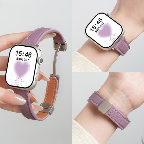 适用苹果iWatchs11手表带applewatchs11荔枝纹磁吸真皮s10表带s9智能手表s8女款磁吸卡扣s7秋冬s6代se3腕带 - 图3