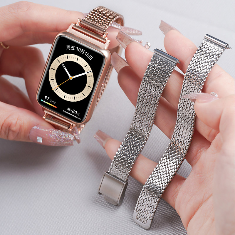 适用华为手表watchfi5pro新款麦穗卡扣4pro表带运动fit2智能FIT3手环二代金属表链fitnew男生女生夏天链替换