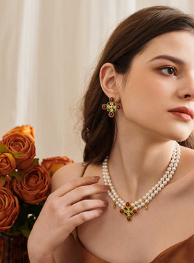 复古晚宴风彩色锆石珍珠项链