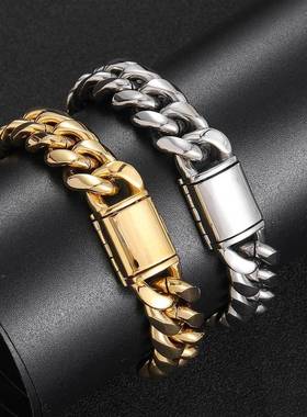 欧美嘻哈翻盖扣不锈钢古巴手链潮牌个性圆磨加密钛钢男士手链