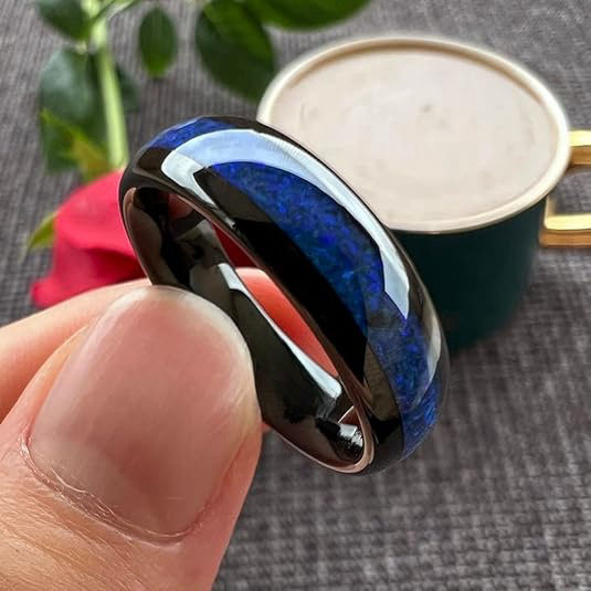 Cross-border popular stainless steel ring blue patch texture pattern black background simple European and American best-selling ring