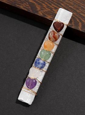 跨境天然水晶原石七色爱心石膏棒桃心绕线能量棒矿石标本摆件