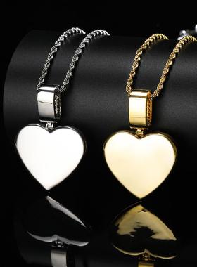 欧美嘻哈大号翻盖爱心照片吊坠铜镶锆石潮牌个性男士相框吊坠项链