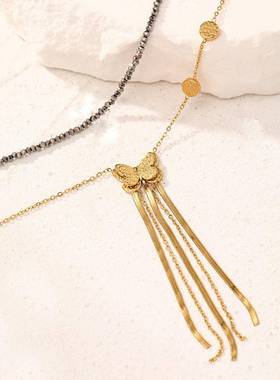 欧美轻奢不锈钢镀金蝴蝶吊坠女时尚立体蝴蝶双层流苏百搭项链