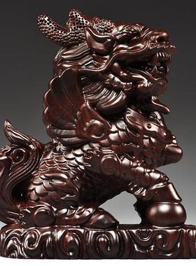 黑檀木雕麒麟摆件一对实木麒麟家居玄关补角红木装饰吉祥物工艺品