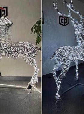 轻奢不锈钢镂空梅花鹿雕塑园林售楼处小区彷铜花纹鹿动物美陈摆件