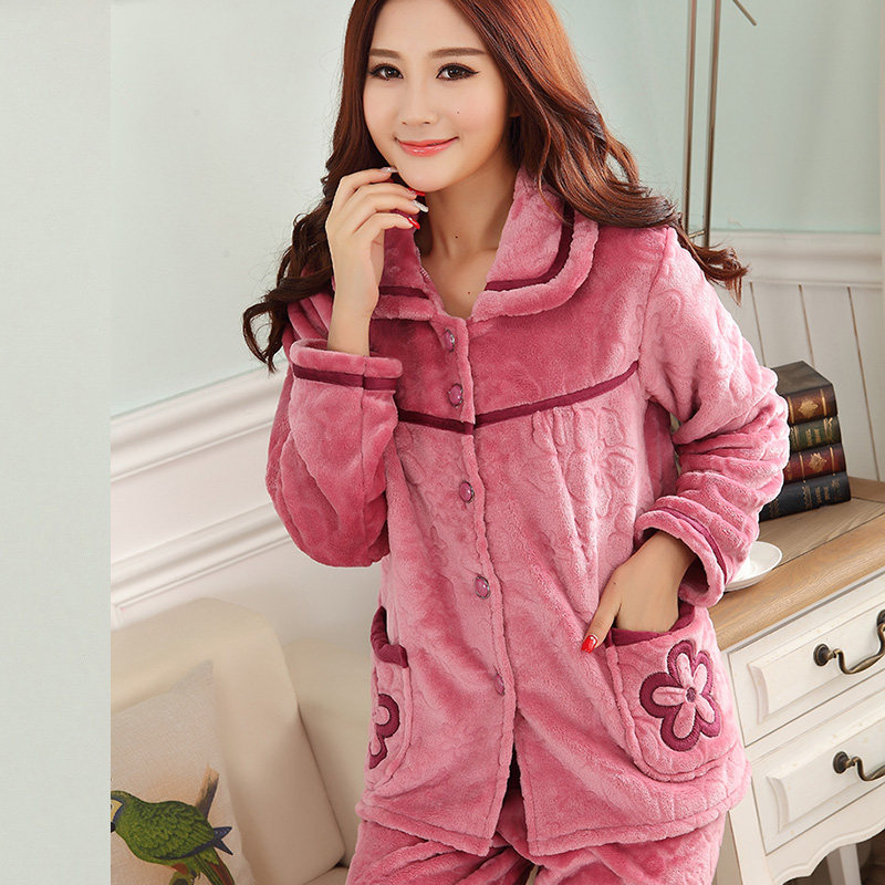 秋冬季法兰绒开衫纯色加绒睡衣 依曼娇睡衣/家居服套装