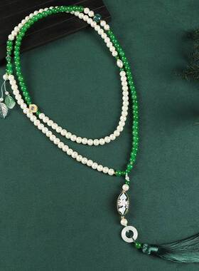 新中式红色朱砂长款斜挎链女檀木流苏毛衣链国风项链古风旗袍配饰