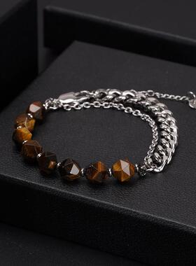 2022欧美霸气不锈钢切面黑玛瑙虎眼石天然手链男女士饰品手镯潮流