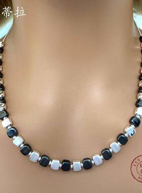 跨境热销几何小方粒合金项链女士简约哑色亮色拼接小方糖颈链