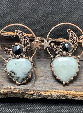 跨境欧美复古风绿东陵粉晶拉长石日月星辰款古铜毛衣链项链吊坠