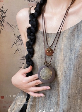 新中式禅意古铜羽毛项链女波西米亚民族风双层叠戴长款毛衣链配饰