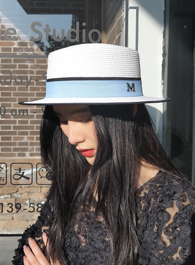 英伦m标遮阳平顶女大檐帽子礼帽