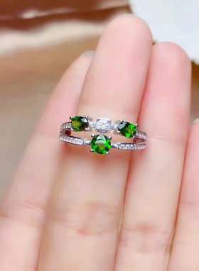 天然透辉石戒指女S925银轻奢时尚
