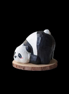Joe的小作坊/可爱趴趴熊小熊猫木雕小摆件纯手工T雕刻桌面摆件礼