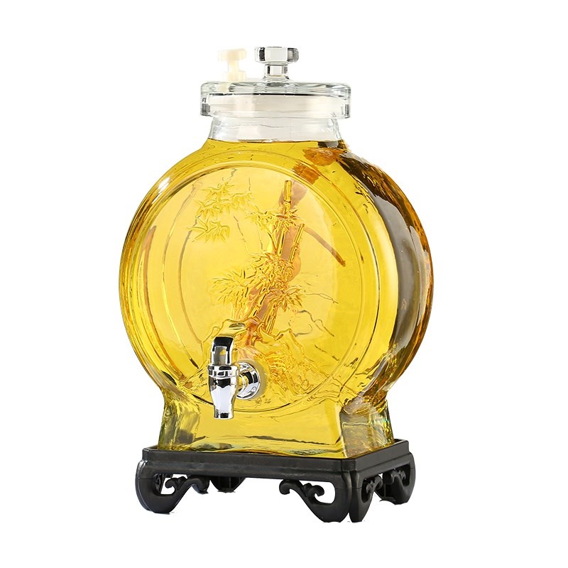 Carved wine glass bottle, high-end sealed with faucet, household wine H jar, brewing wine bottle, medicinal wine soaking tank