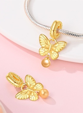 潘家风格古典金蝴蝶吊坠铜镀银项链珠子跨境代发2024新款