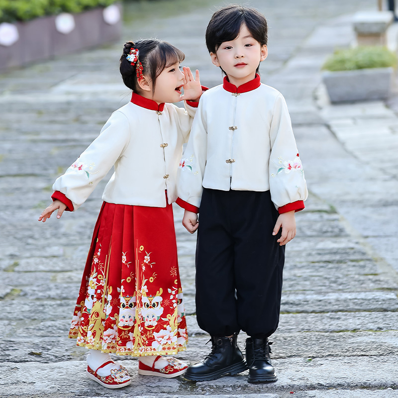 女童拜年服男古装汉服套装加厚宝宝喜庆龙年新年表演服超仙唐装冬-图1