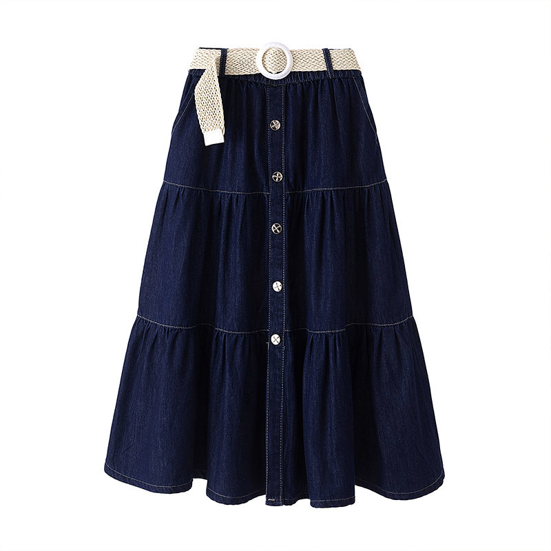 2026春季新款简约单排扣拼接牛仔A字裙加大码高腰遮肉显瘦半身裙,淘宝优惠券,粉丝福利购,淘宝优惠卷