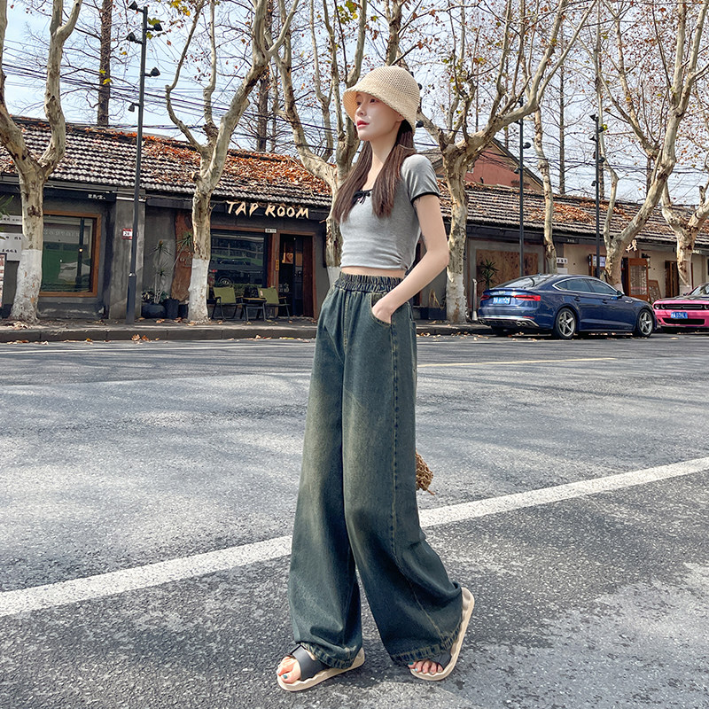 大码女装松紧腰蓝色阔腿牛仔裤春秋季胖mm遮肉显瘦宽松休闲拖地裤,淘宝优惠券,粉丝福利购,淘宝优惠卷