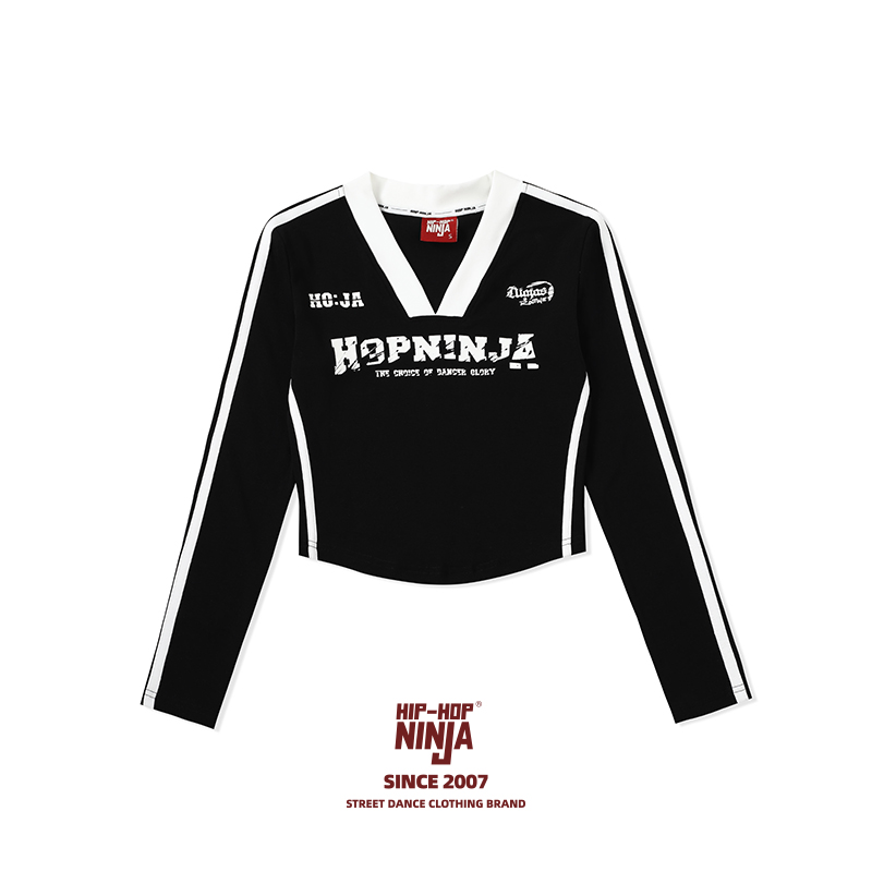 HIPHOP NINJA 美式复古球衣爵士舞撞色V领长袖T恤女秋冬修身上衣 - 图3
