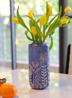 青花瓷花瓶陶瓷复古花瓶蔚蓝之境插花装饰摆件手绘浮雕花瓶花器