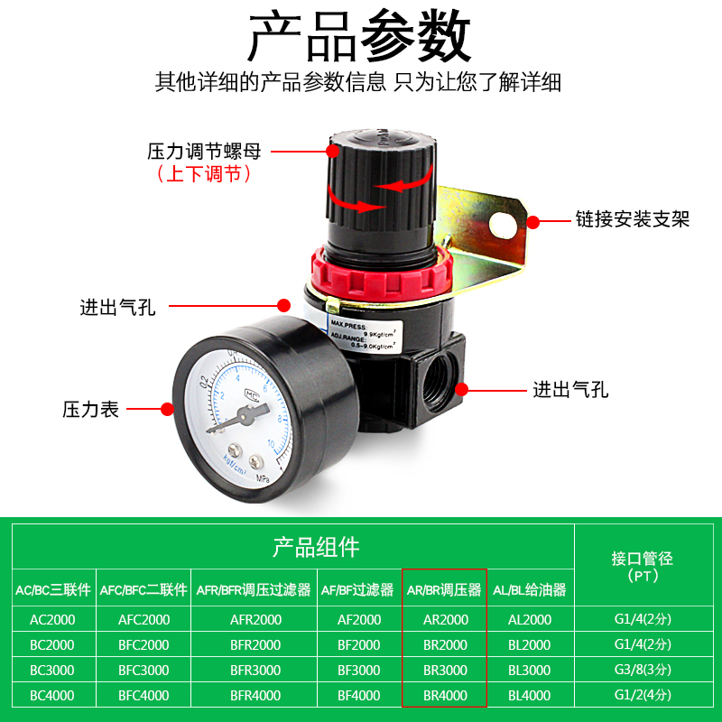 亚德客型空气减压阀AR2000调压阀气动气体压力调节阀BR2000/3000